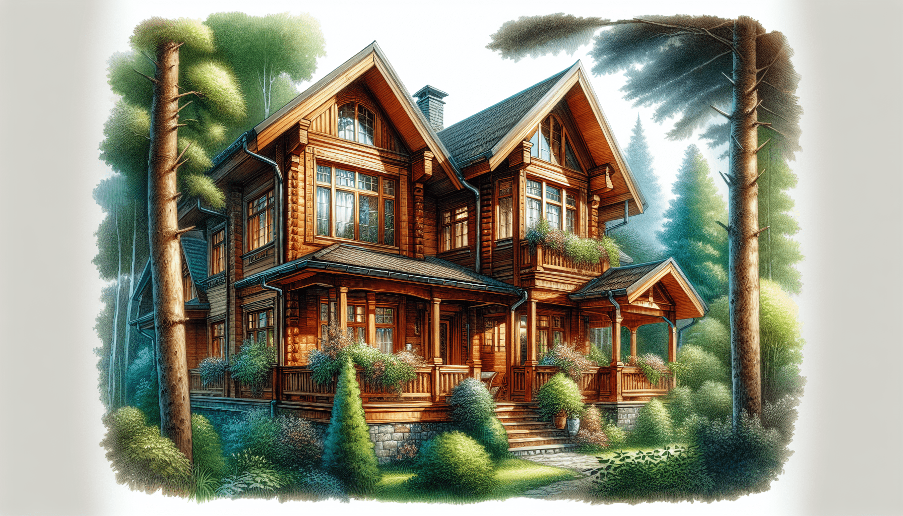A beautifully designed wooden house surrounded by trees.