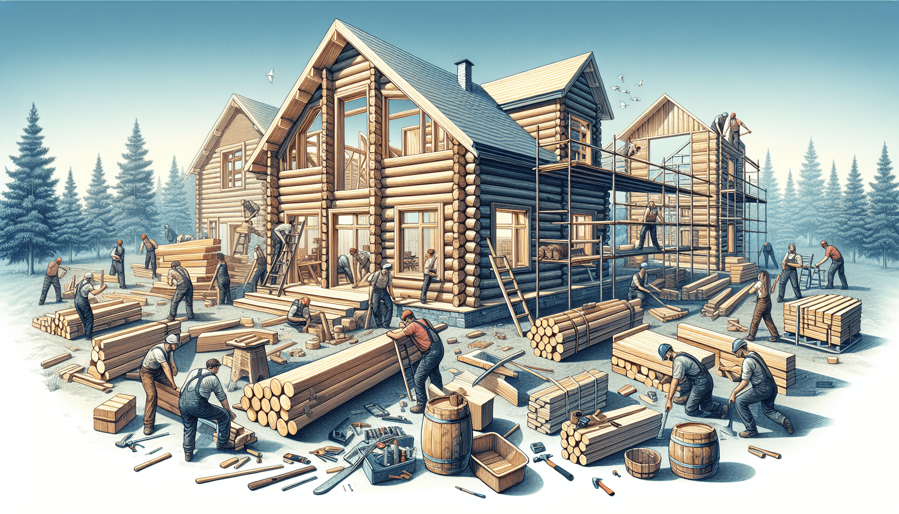The assembly process of a wooden house.