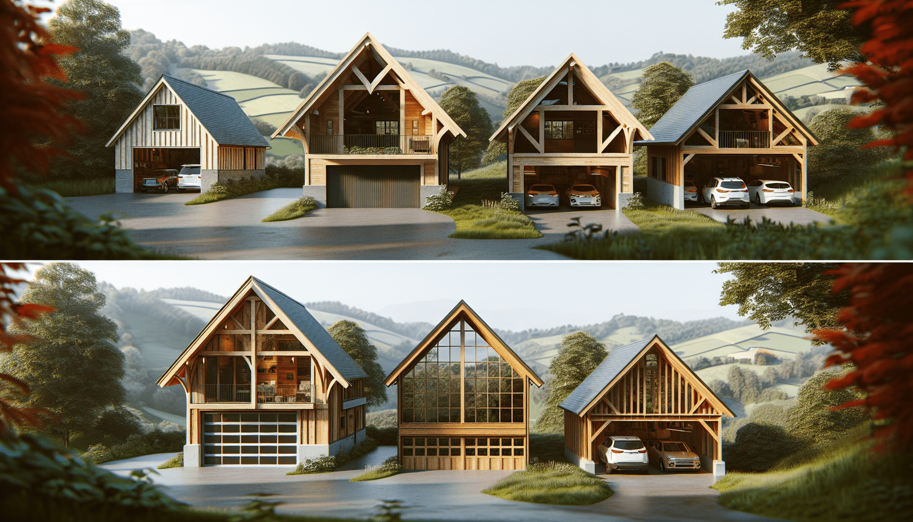 Various types of timber frame garages including single-storey and multi-bay