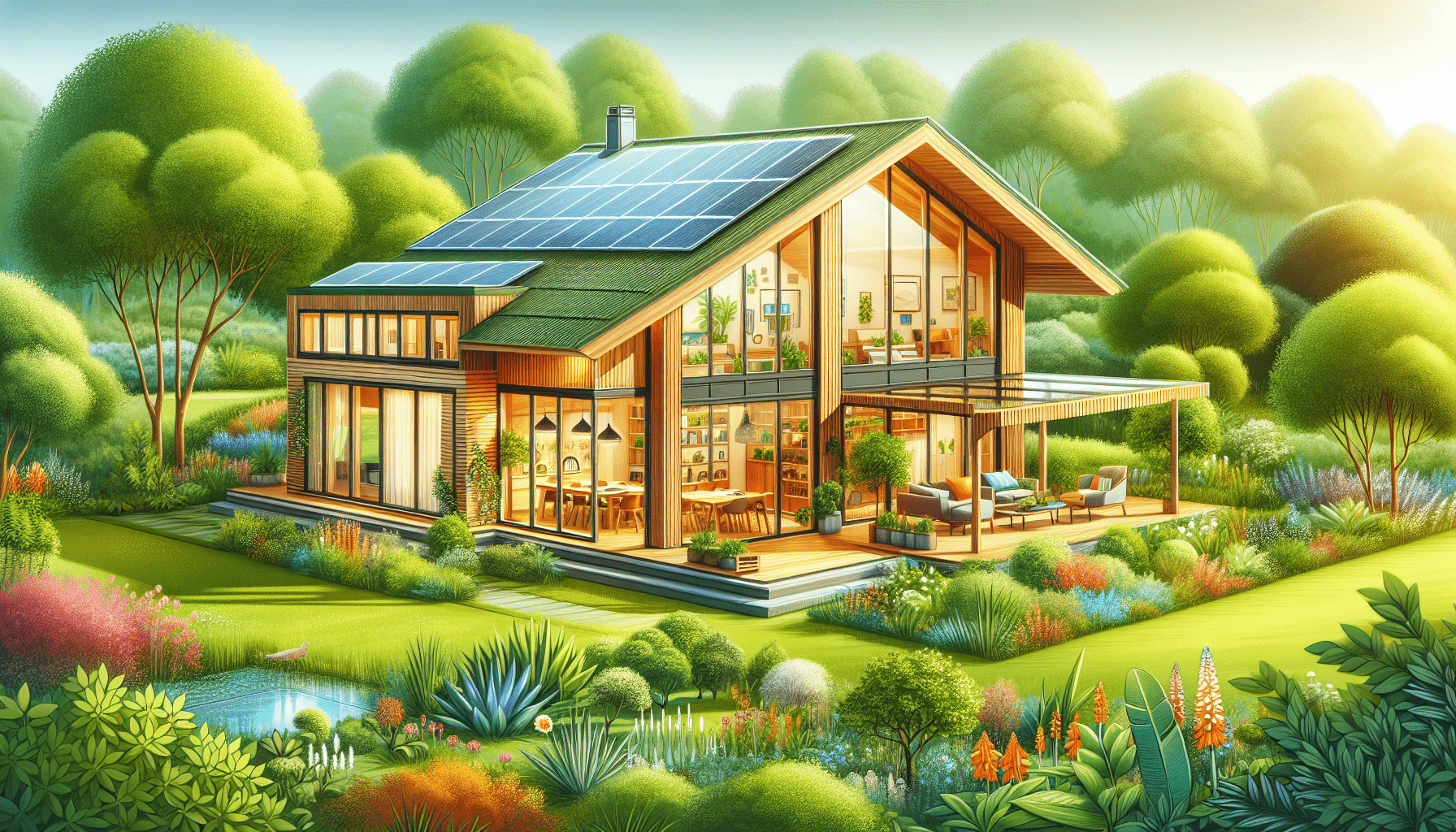 An energy-efficient wooden house with large windows.