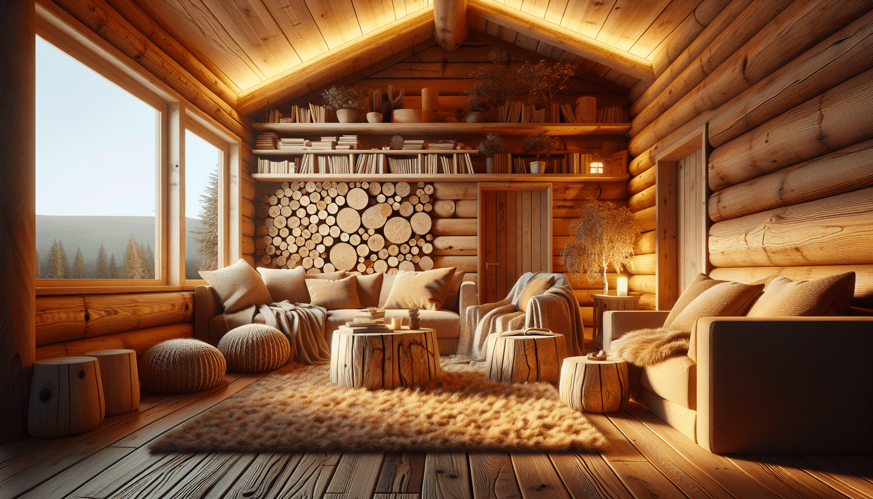 A cozy wooden house interior with acoustic features.