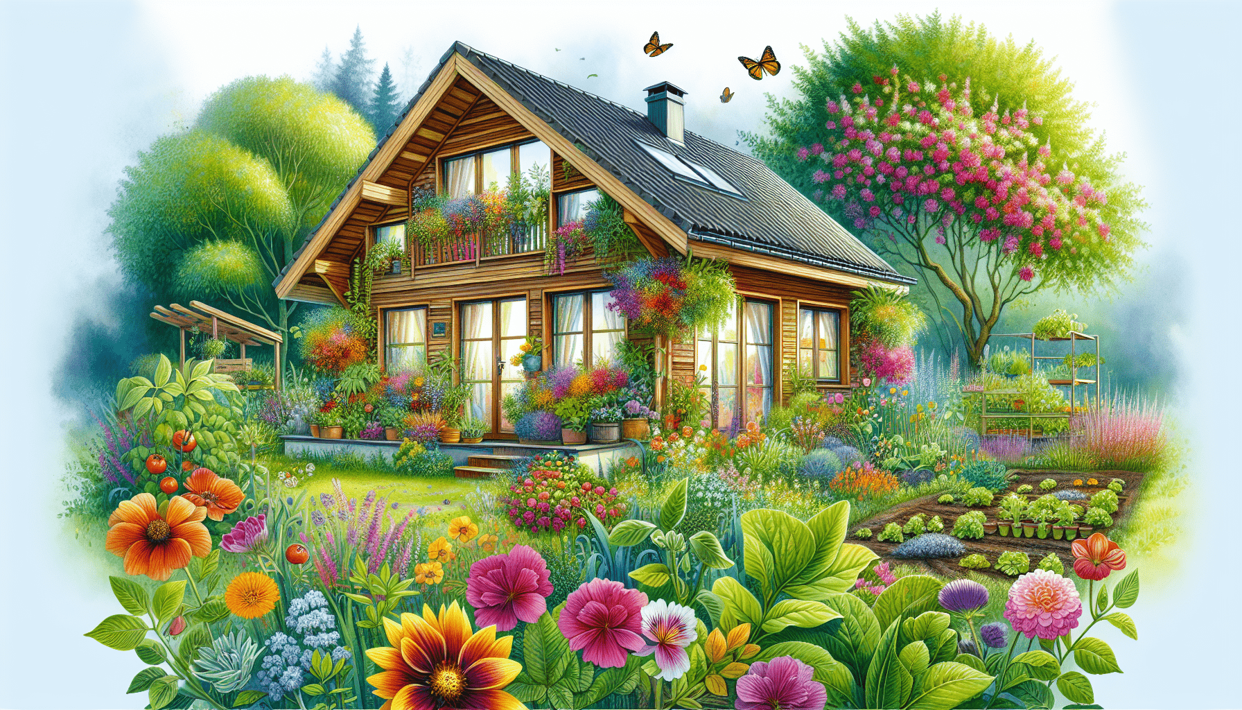 A sustainable wooden house with a garden.