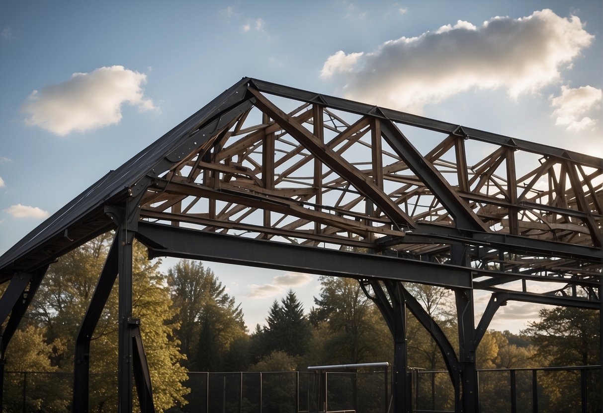 A queen truss, with its distinctive W shape, spans the width of the roof. The truss is made of wooden beams and metal connectors, with diagonal and horizontal members creating a strong and stable framework