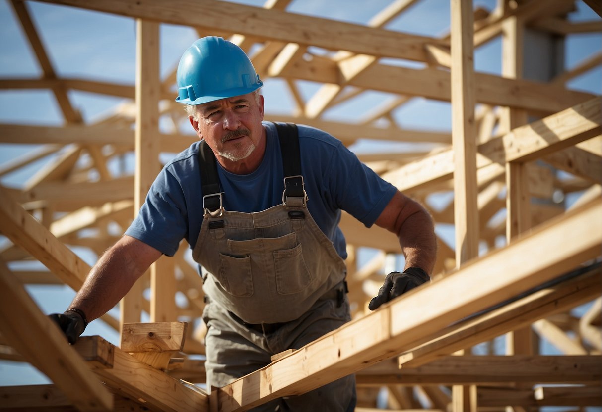 Workers construct and install queen trusses on a building frame