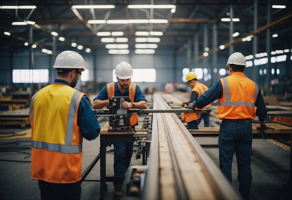 A factory floor with workers inspecting and measuring queen trusses to ensure they meet regulations and standards