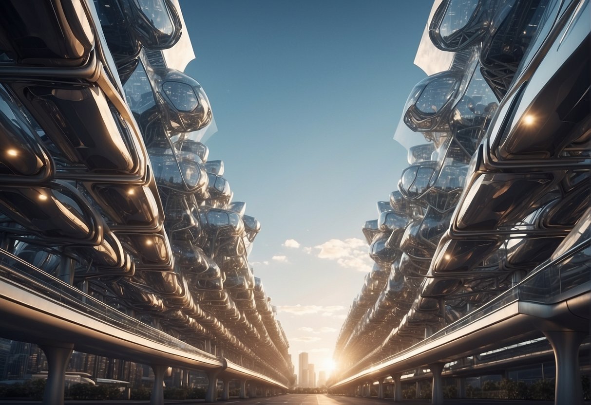 A futuristic cityscape with innovative queen trusses reaching towards the sky, symbolizing future perspectives and technological advancements