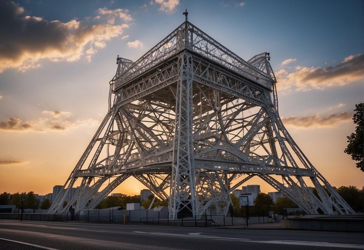 A queen truss stands tall, with precise measurements and sturdy construction. Contact information and professional advice are displayed nearby