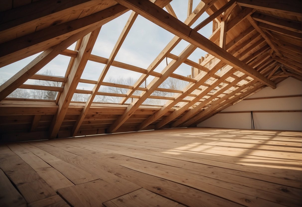 A truss attic with exposed wooden beams and insulation
